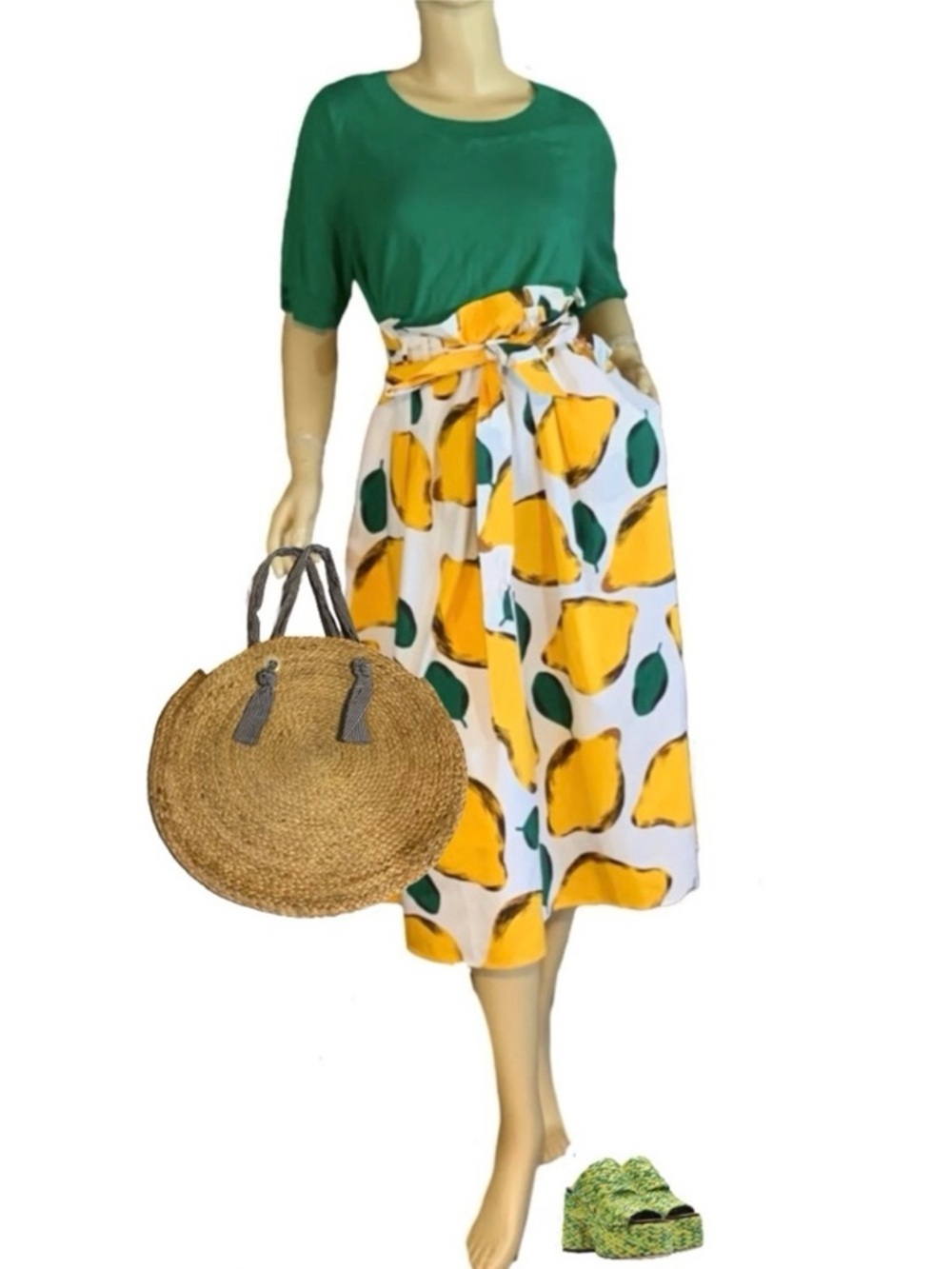 HER DESTINY YELLOW & GREEN LEMON PRINT PAPER SACK WAIST FULL MIDI SKIRT NWT (L)